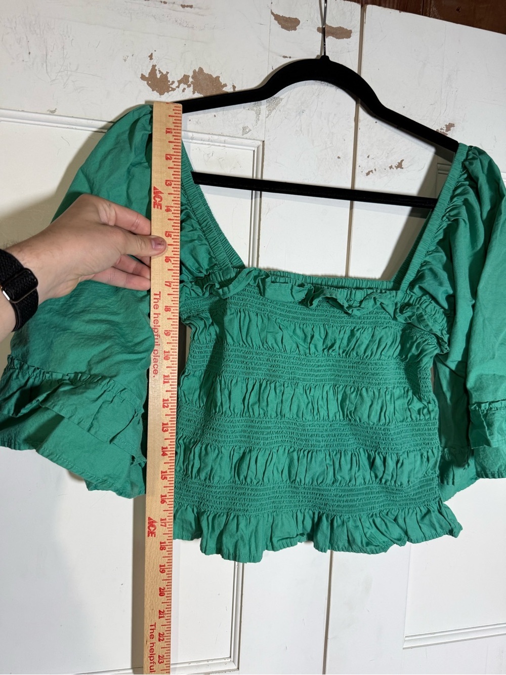 Free People Smocked Top Off The Shoulder Square Neck Bell Sleeves Green Size L - Picture 3 of 7